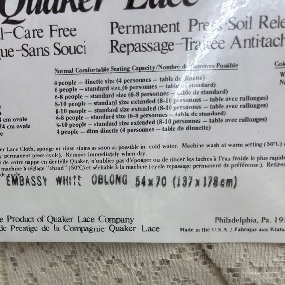 VTG Quaker Lace Embassy Tablecloth No Iron 54"x70" Ecru Soil Releasing NOS - Picture 4 of 7